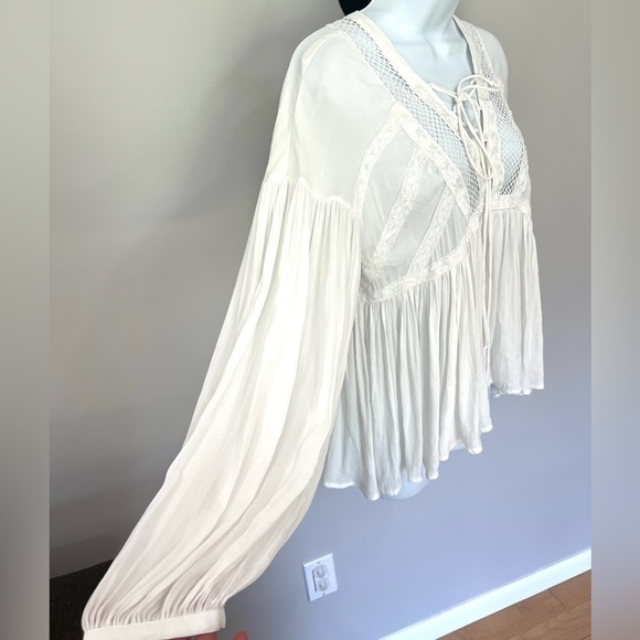 Free People Don’t Let Go cream white long balloon sleeve boho peasant top XS - Picture 5 of 11